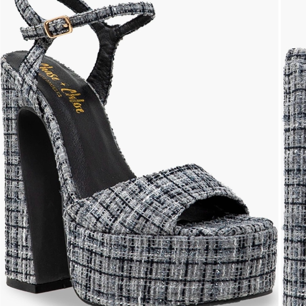 Chase + Chloe Black and Gray tweed Platform Shoes with Chunky Heel